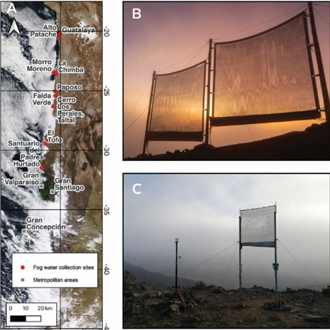 fotografías de atrapanieblas y mapa de chile